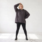 Damen Hoody Lagenlook Baumwolle Dunkelgrau, gerundeter Schnitt, Kängurutasche, Oversize große Größen – Rafay