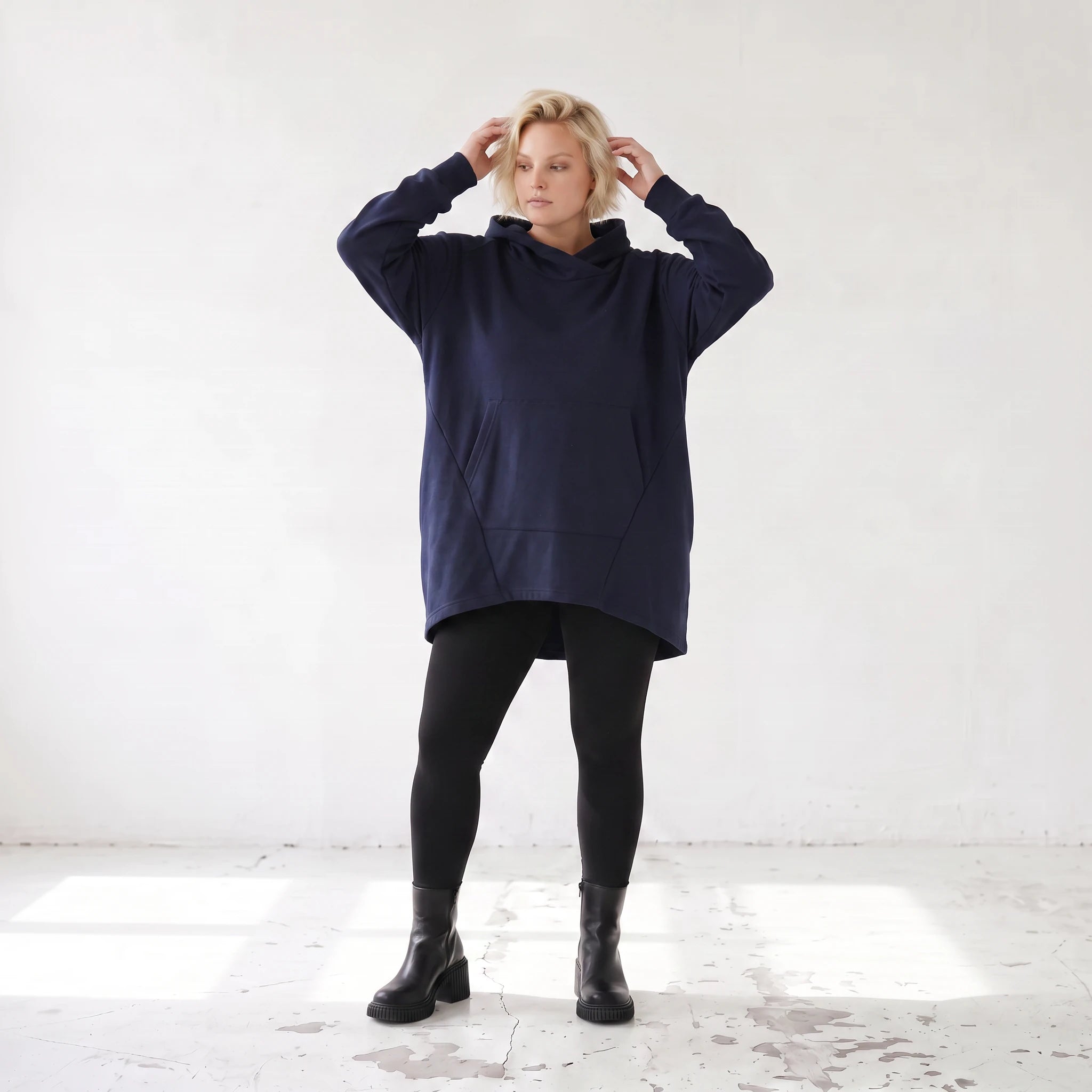 Damen Hoody Lagenlook Baumwolle Dunkelblau, gerundeter Schnitt, Kapuze, Oversize große Größen – Rafay