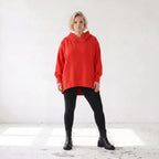 Damen Hoody Lagenlook Baumwolle Rot, gerundeter Schnitt, 7/8-Arm, Kängurutasche, Oversize große Größen – Rafay