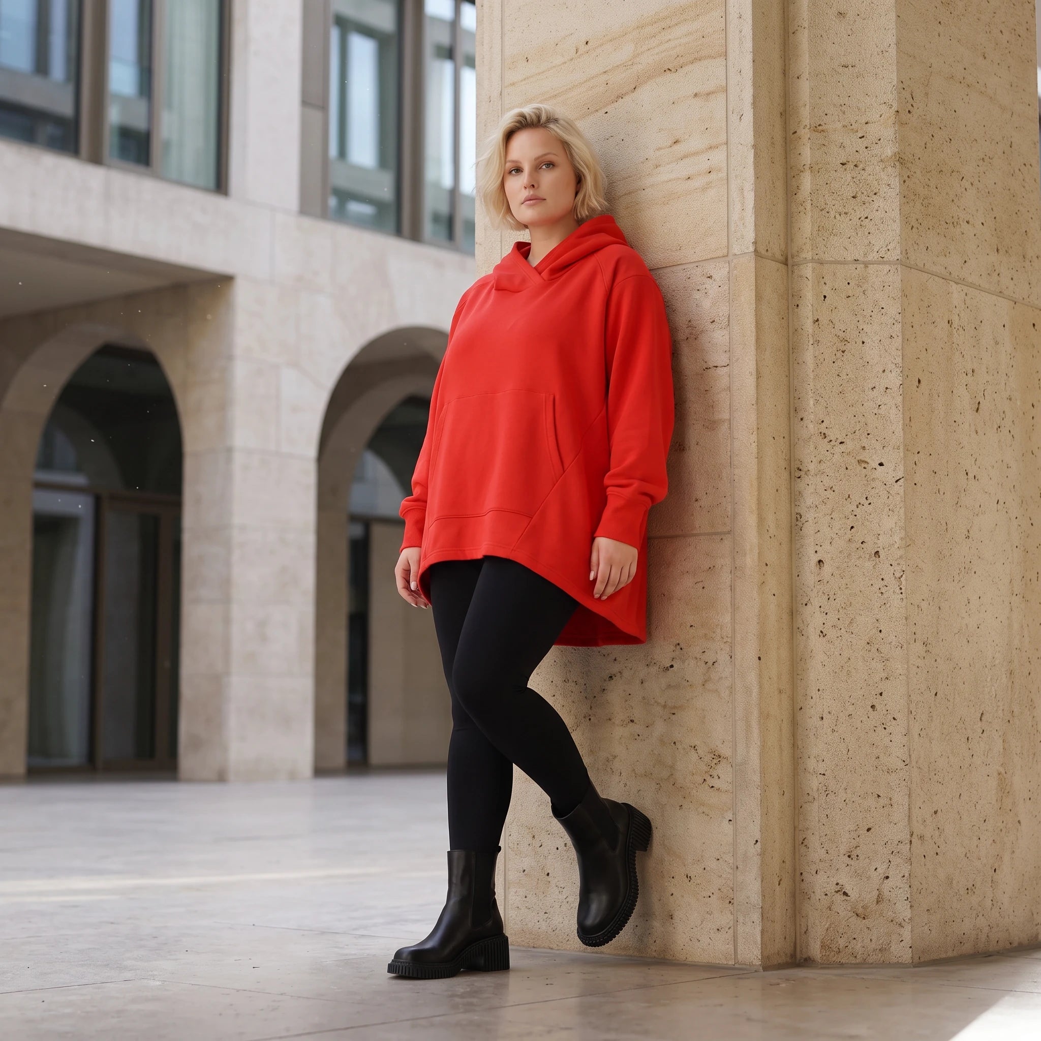 Damen Hoody Lagenlook Baumwolle Rot, gerundeter Schnitt, 7/8-Arm, Kängurutasche, Oversize große Größen – Rafay