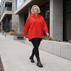 Damen Hoody Lagenlook Baumwolle Rot, gerundeter Schnitt, 7/8-Arm, Kängurutasche, Oversize große Größen – Rafay