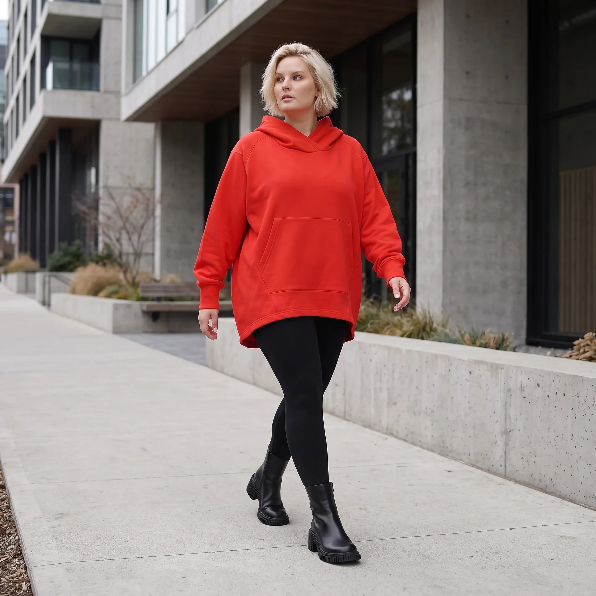 Damen Hoody Lagenlook Baumwolle Rot, gerundeter Schnitt, 7/8-Arm, Kängurutasche, Oversize große Größen – Rafay