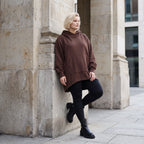 Damen Hoody Lagenlook Baumwolle Schokobraun, gerundeter Schnitt, 7/8-Arm, Kängurutasche, Oversize große Größen – Rafay