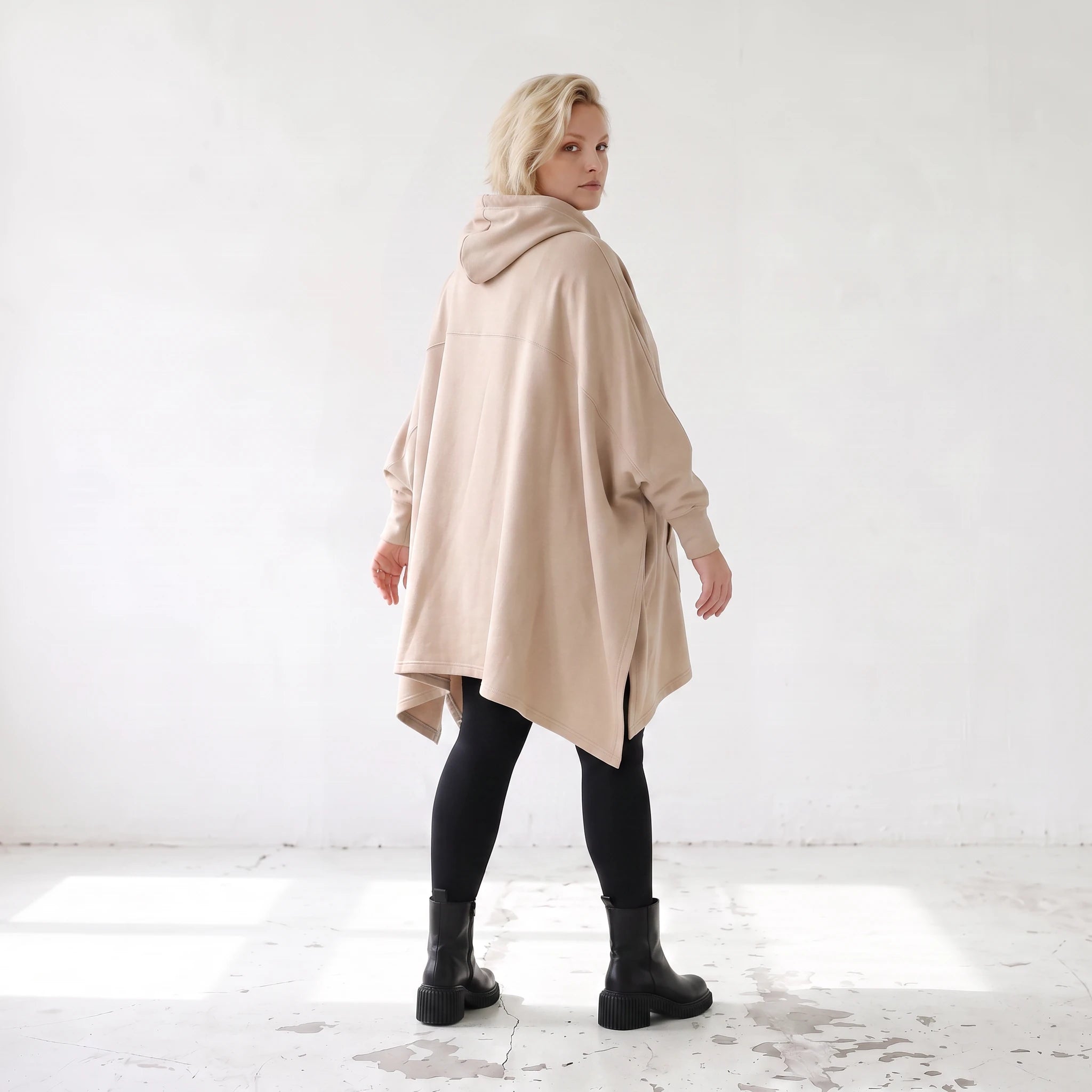 Damen Poncho Lagenlook Baumwolle Sand, kastiger Schnitt, Kapuze, Oversize große Größen – Rafay