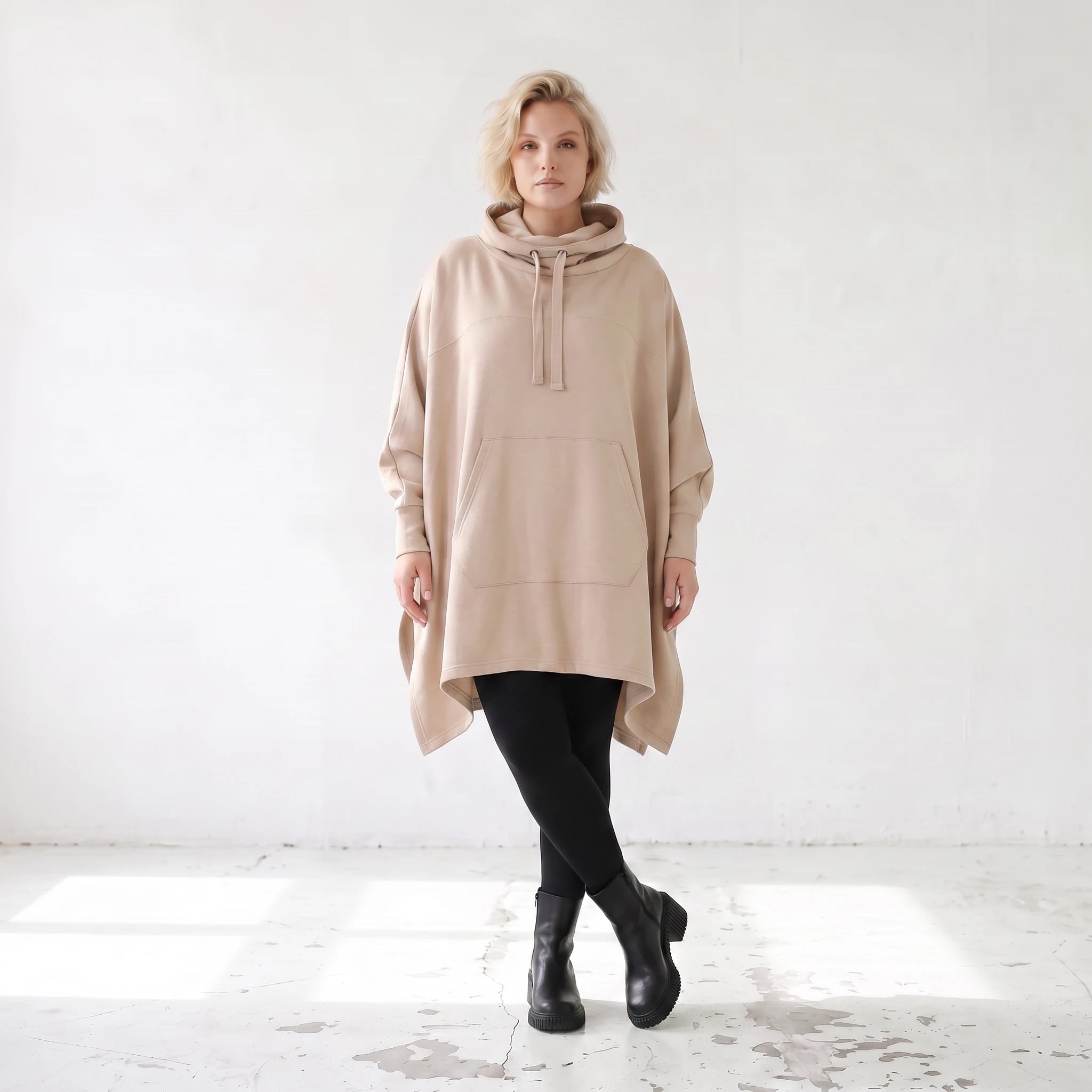 Damen Poncho Lagenlook Baumwolle Sand, kastiger Schnitt, Kapuze, Oversize große Größen – Rafay