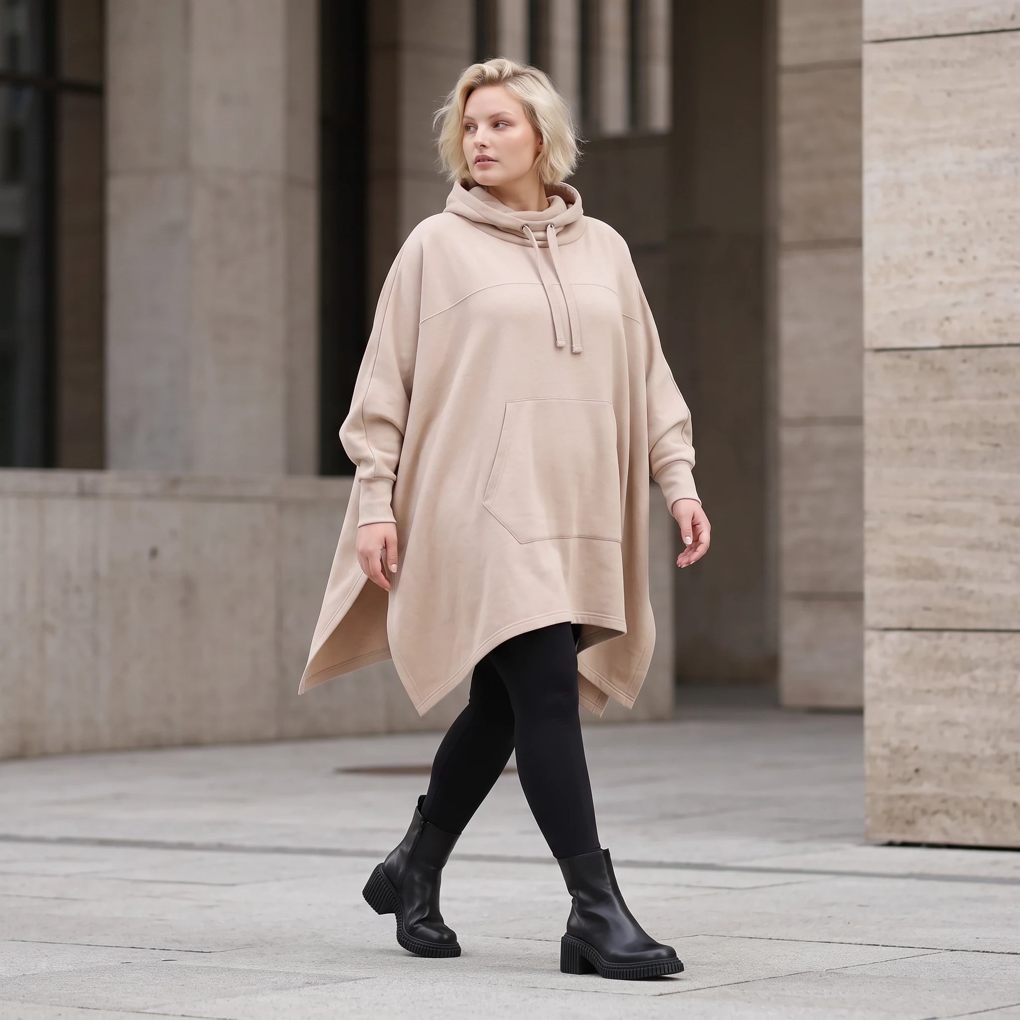 Damen Poncho Lagenlook Baumwolle Sand, kastiger Schnitt, Kapuze, Oversize große Größen – Rafay