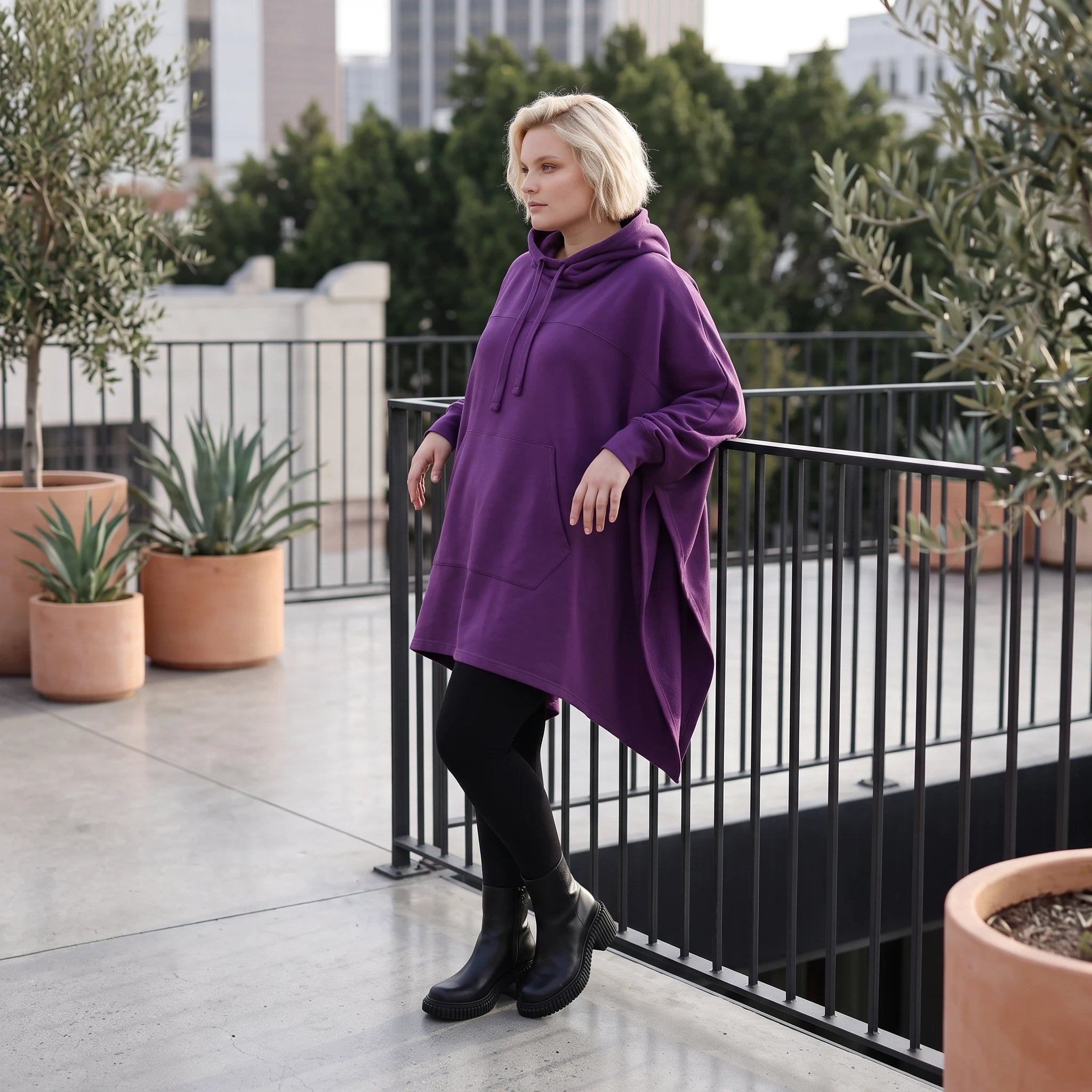 Damen Poncho Lagenlook Baumwolle Lila, kastiger Schnitt, Kapuze, Oversize große Größen – Rafay
