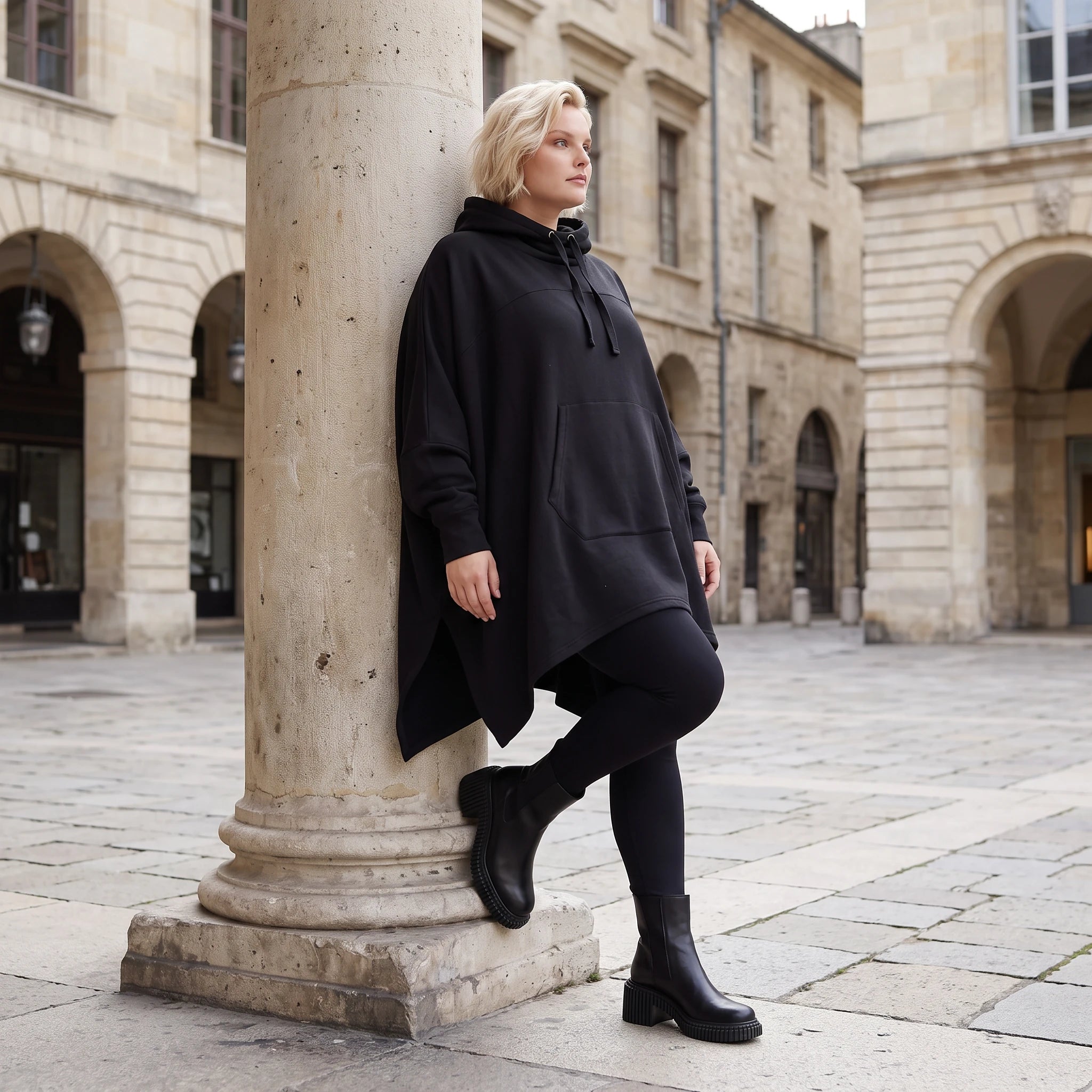 Damen Poncho Lagenlook Baumwolle Schwarz, kastiger Schnitt, Kapuze, Oversize große Größen – Rafay