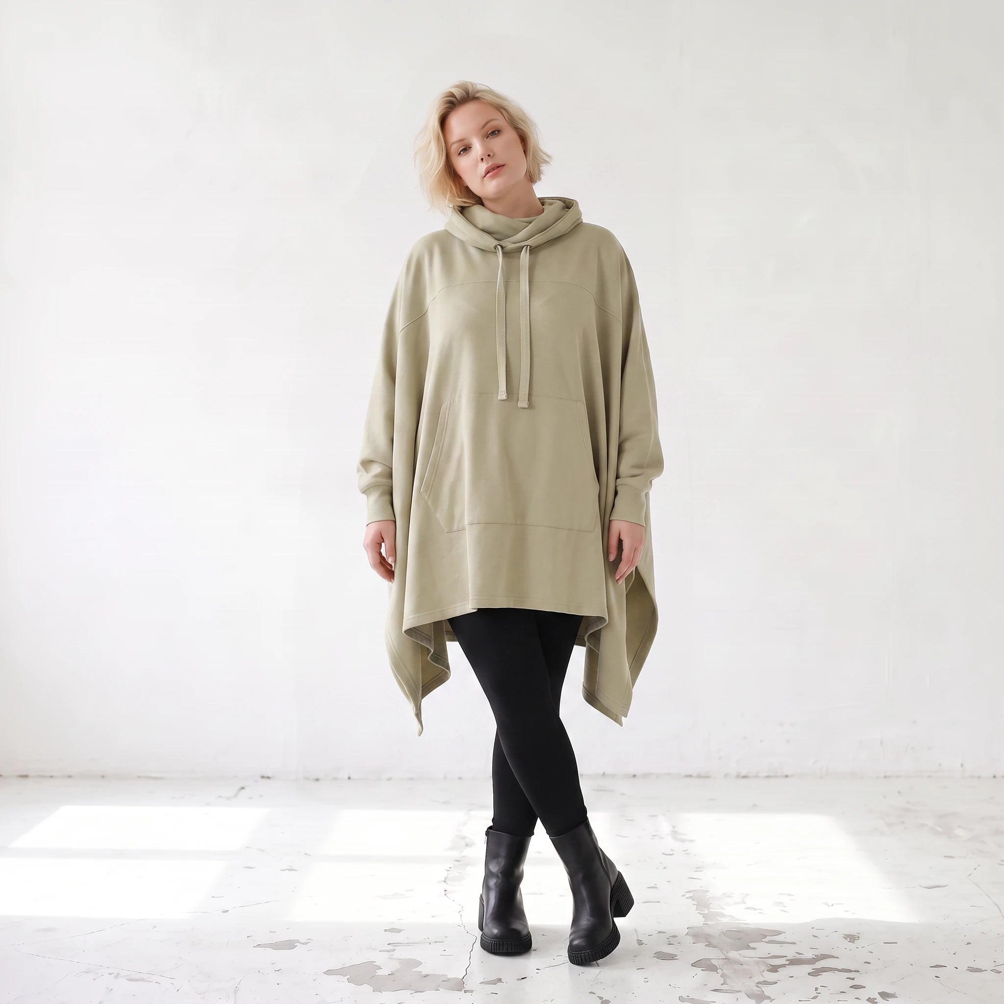 Damen Poncho Lagenlook Baumwolle Beige, kastiger Schnitt, Kapuze, Oversize große Größen – Rafay