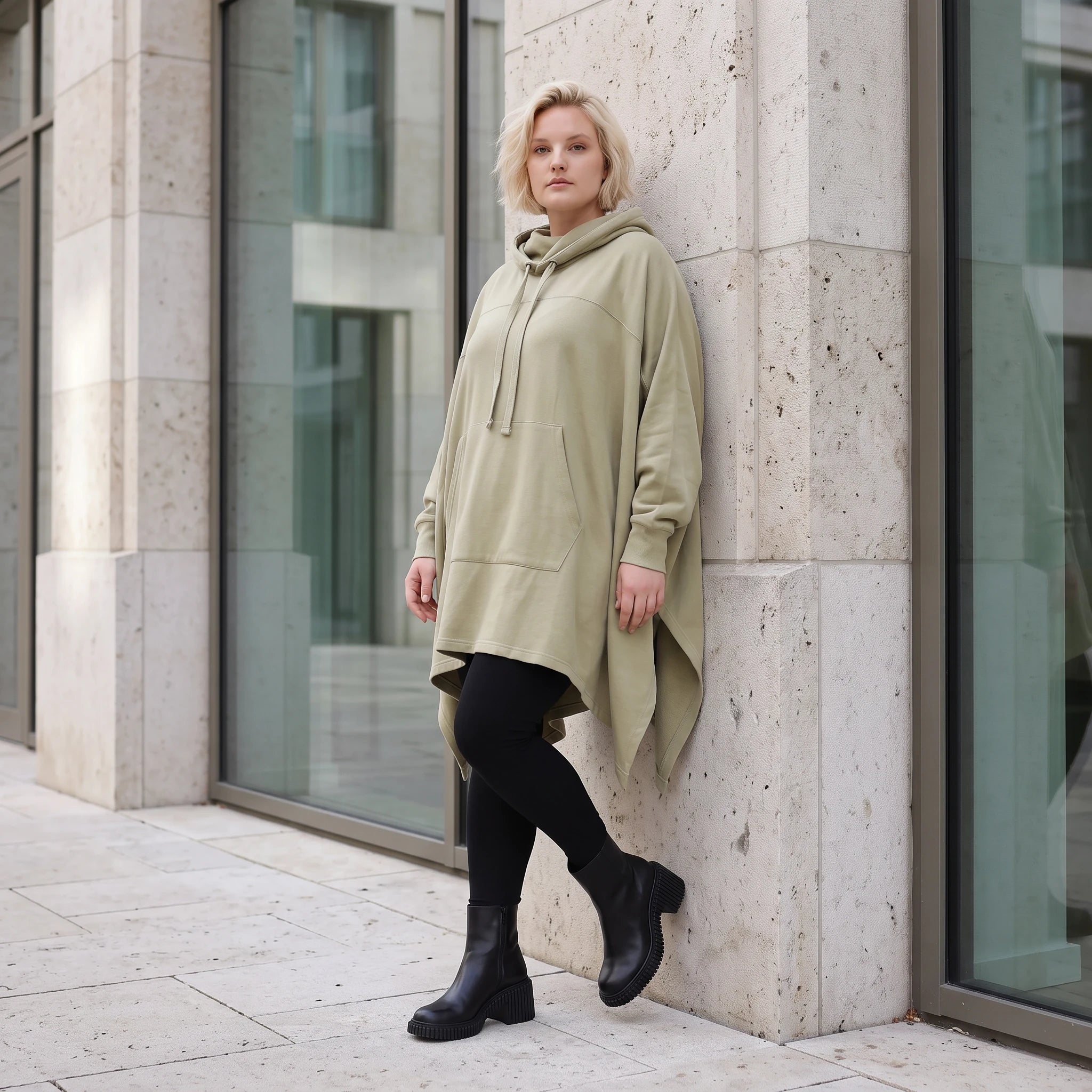 Damen Poncho Lagenlook Baumwolle Beige, kastiger Schnitt, Kapuze, Oversize große Größen – Rafay