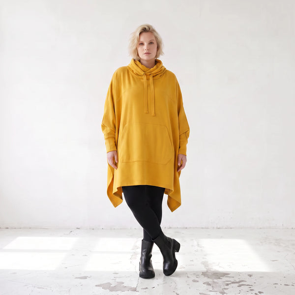 Damen Poncho Lagenlook Baumwolle Senfgelb, kastiger Schnitt, Langarm, Kapuze, Oversize große Größen – Rafay