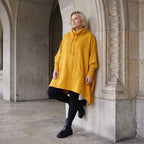 Damen Poncho Lagenlook Baumwolle Senfgelb, kastiger Schnitt, Langarm, Kapuze, Oversize große Größen – Rafay