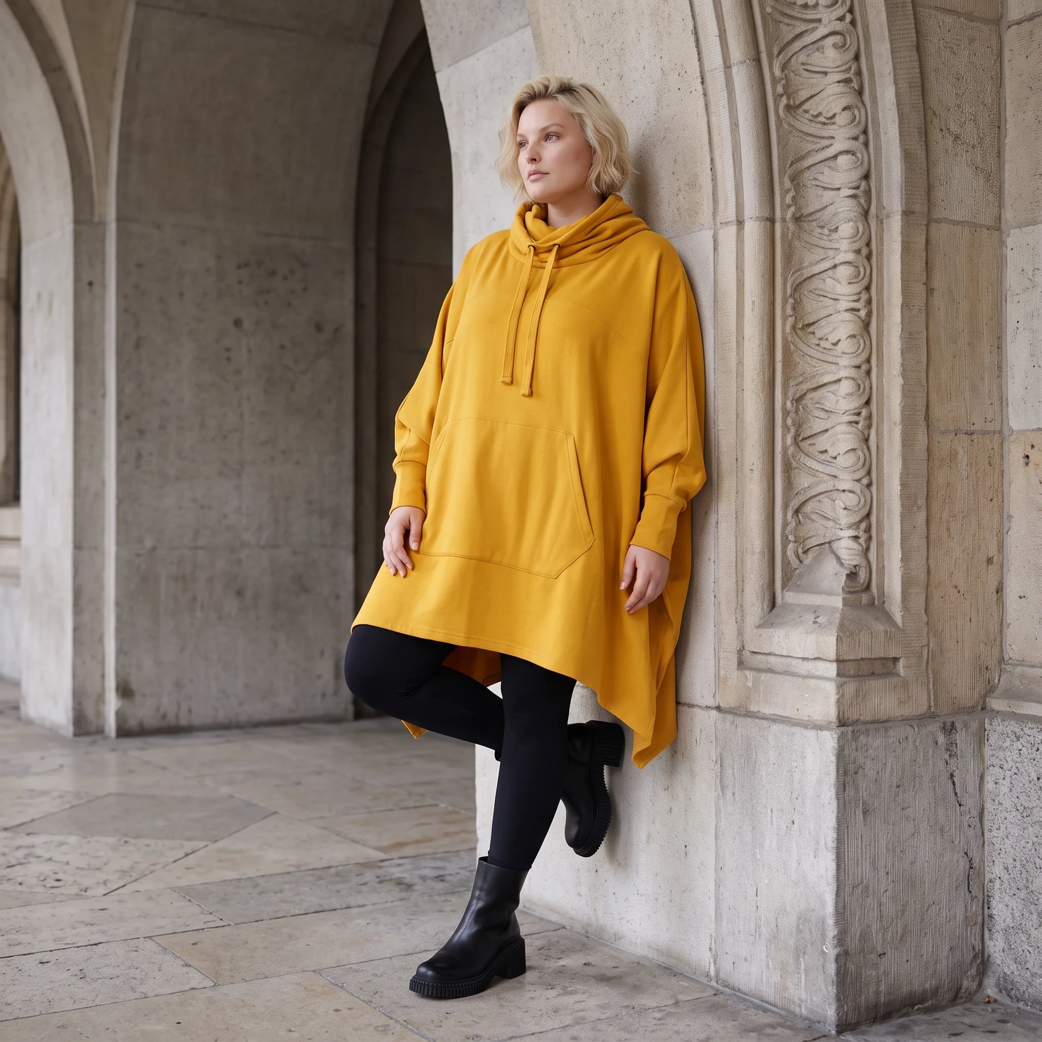 Damen Poncho Lagenlook Baumwolle Senfgelb, kastiger Schnitt, Langarm, Kapuze, Oversize große Größen – Rafay