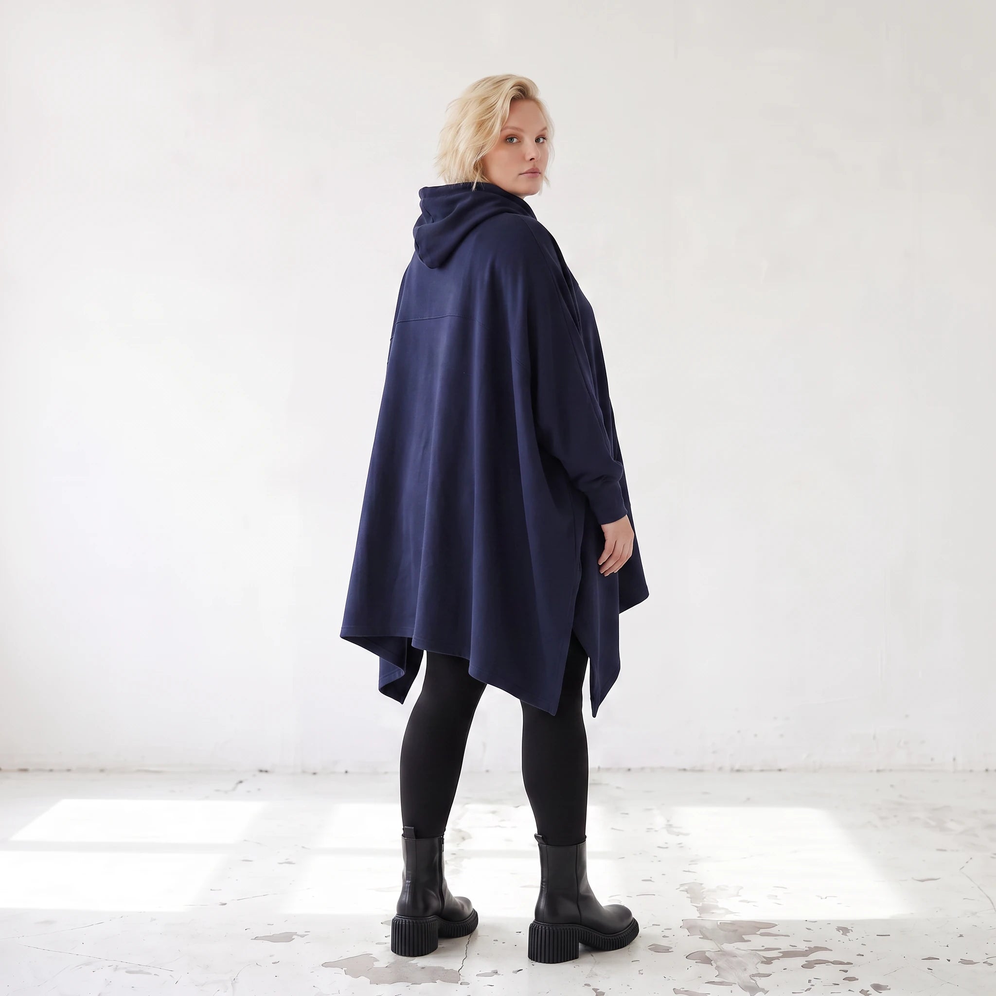 Damen Poncho Lagenlook Baumwolle Dunkelblau, kastiger Schnitt, Kapuze, Oversize große Größen – Rafay