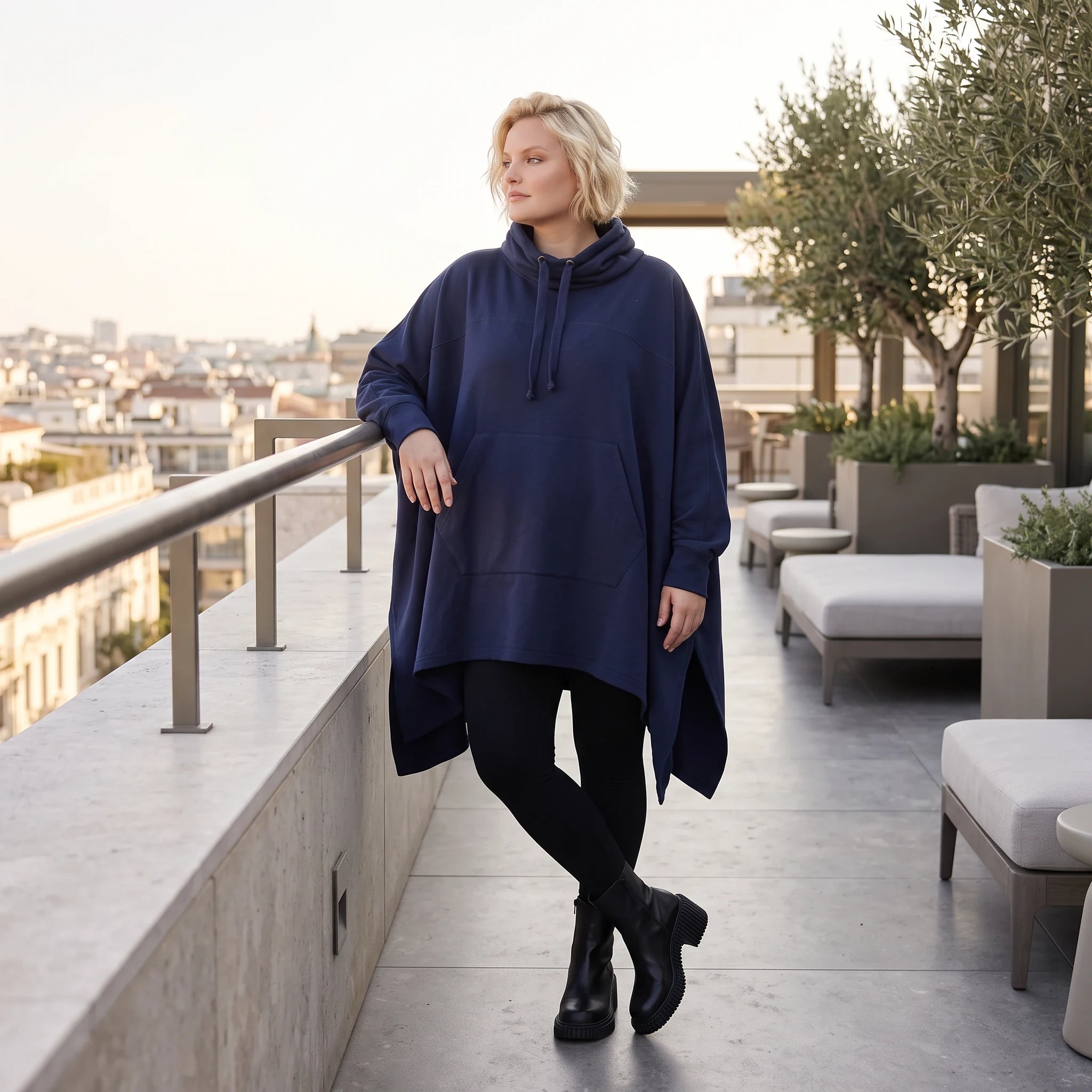 Damen Poncho Lagenlook Baumwolle Dunkelblau, kastiger Schnitt, Kapuze, Oversize große Größen – Rafay