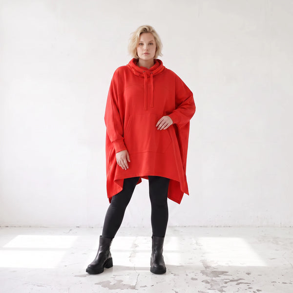 Damen Poncho Lagenlook Baumwolle Rot, kastiger Schnitt, Kapuze, Oversize große Größen – Rafay