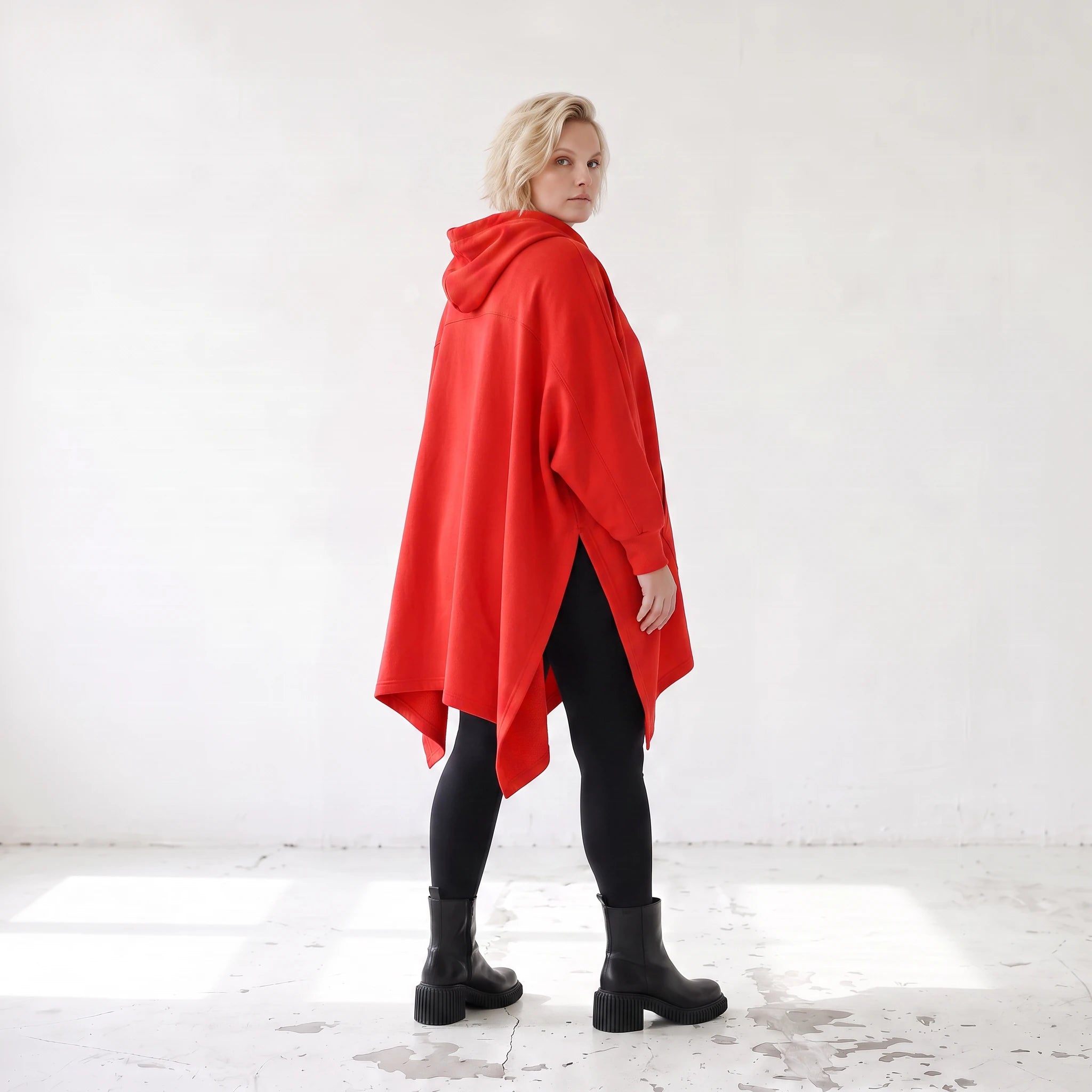 Damen Poncho Lagenlook Baumwolle Rot, kastiger Schnitt, Kapuze, Oversize große Größen – Rafay