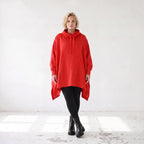Damen Poncho Lagenlook Baumwolle Rot, kastiger Schnitt, Kapuze, Oversize große Größen – Rafay