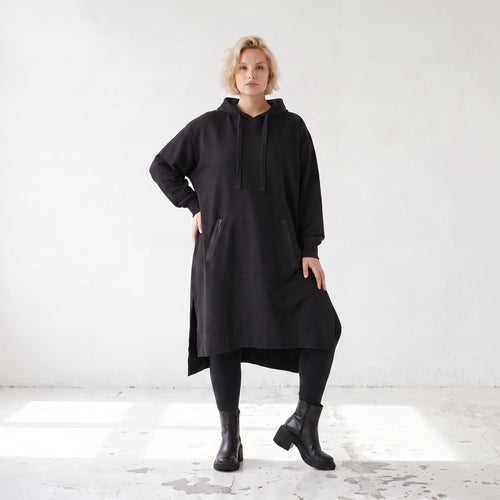 Damen Hoody Lagenlook Baumwolle Schwarz, gerader Schnitt, Kapuze, Oversize große Größen – Rafay