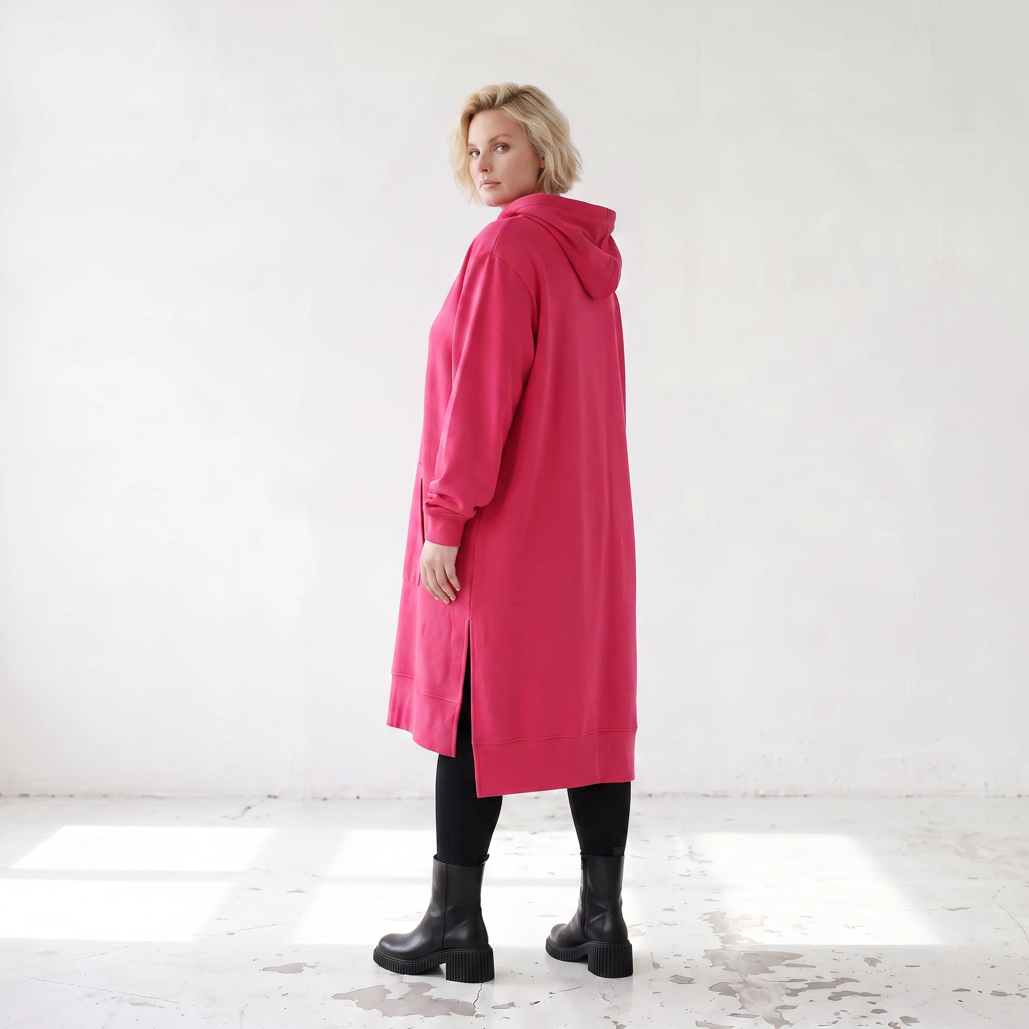 Damen Hoody Lagenlook Baumwolle Pink, gerader Schnitt, Langarm, Kapuze, Oversize große Größen – Rafay