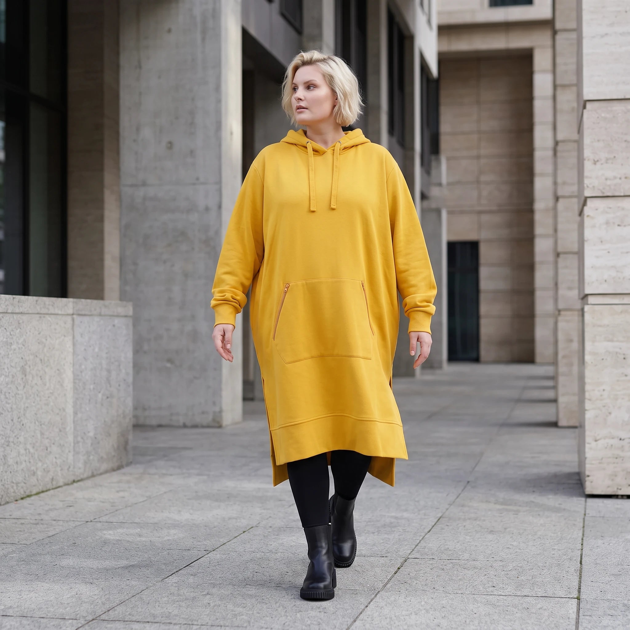 Damen Hoody Lagenlook Baumwolle Senfgelb, gerader Schnitt, Kapuze, Oversize große Größen – Rafay