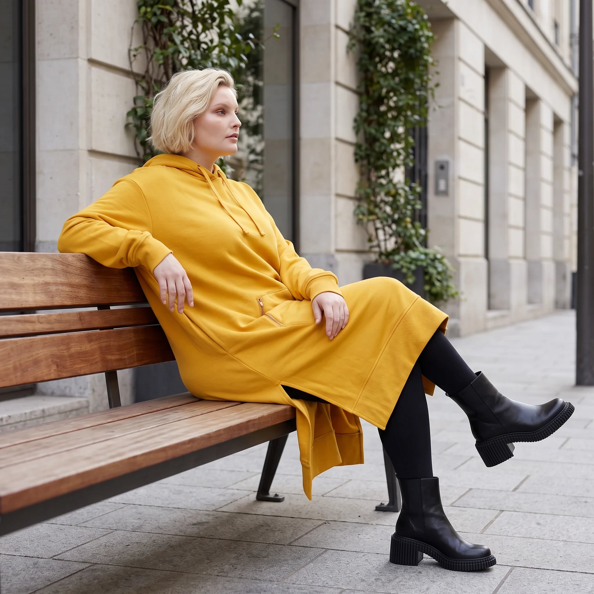 Damen Hoody Lagenlook Baumwolle Senfgelb, gerader Schnitt, Kapuze, Oversize große Größen – Rafay