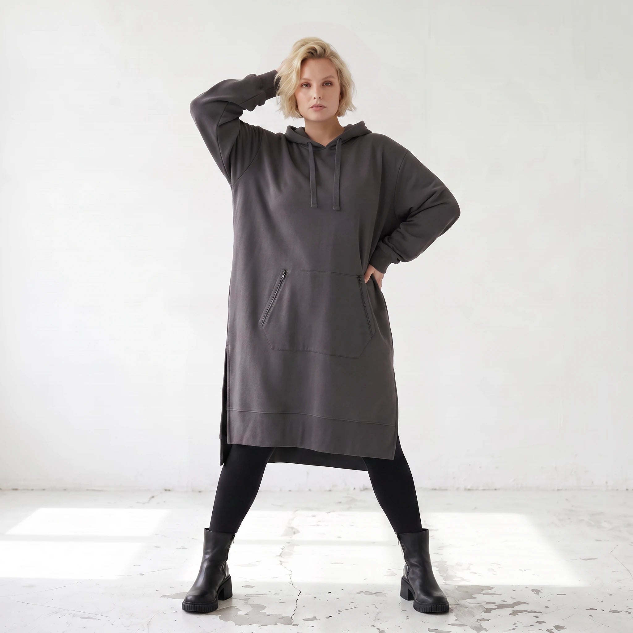 Damen Hoody Lagenlook Baumwolle Dunkelgrau, gerader Schnitt, Kapuze, Oversize große Größen – Rafay