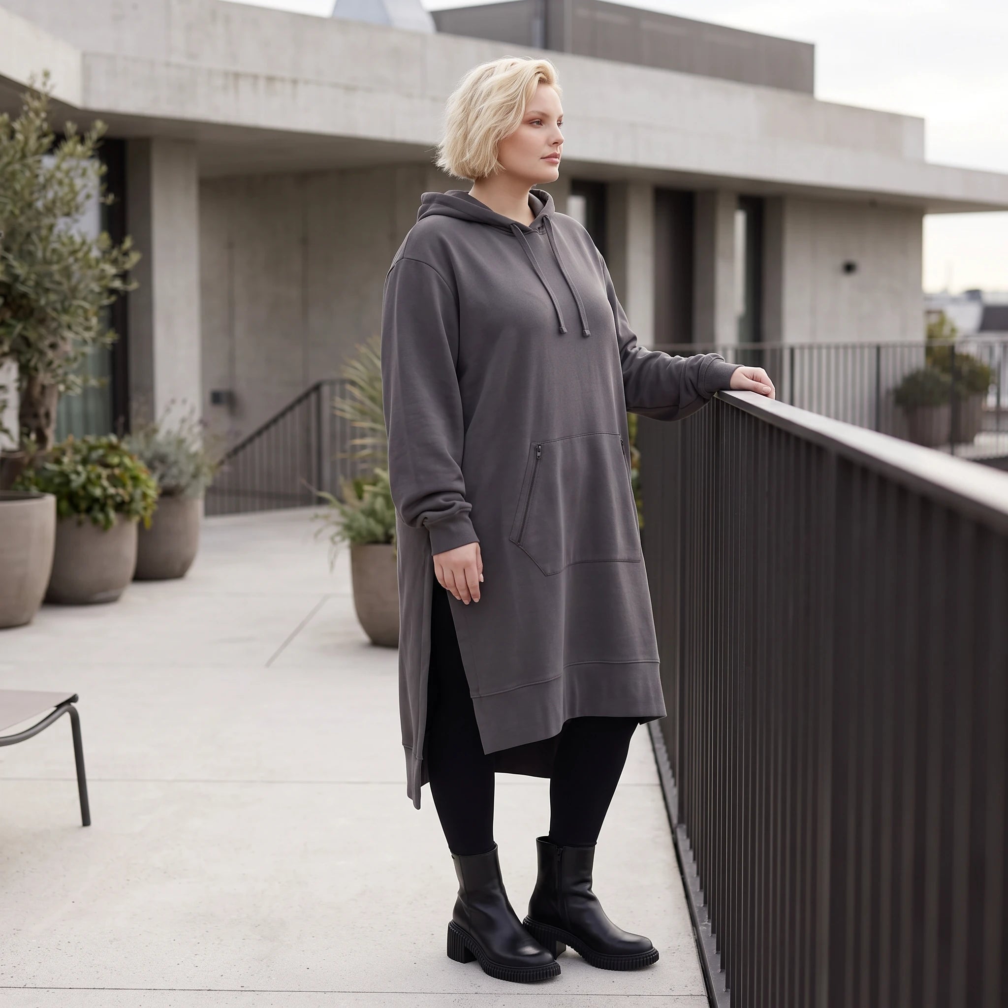 Damen Hoody Lagenlook Baumwolle Dunkelgrau, gerader Schnitt, Kapuze, Oversize große Größen – Rafay
