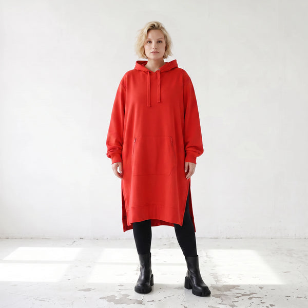 Damen Hoody Lagenlook Baumwolle Rot, gerader Schnitt, Kapuze, Oversize große Größen – Rafay