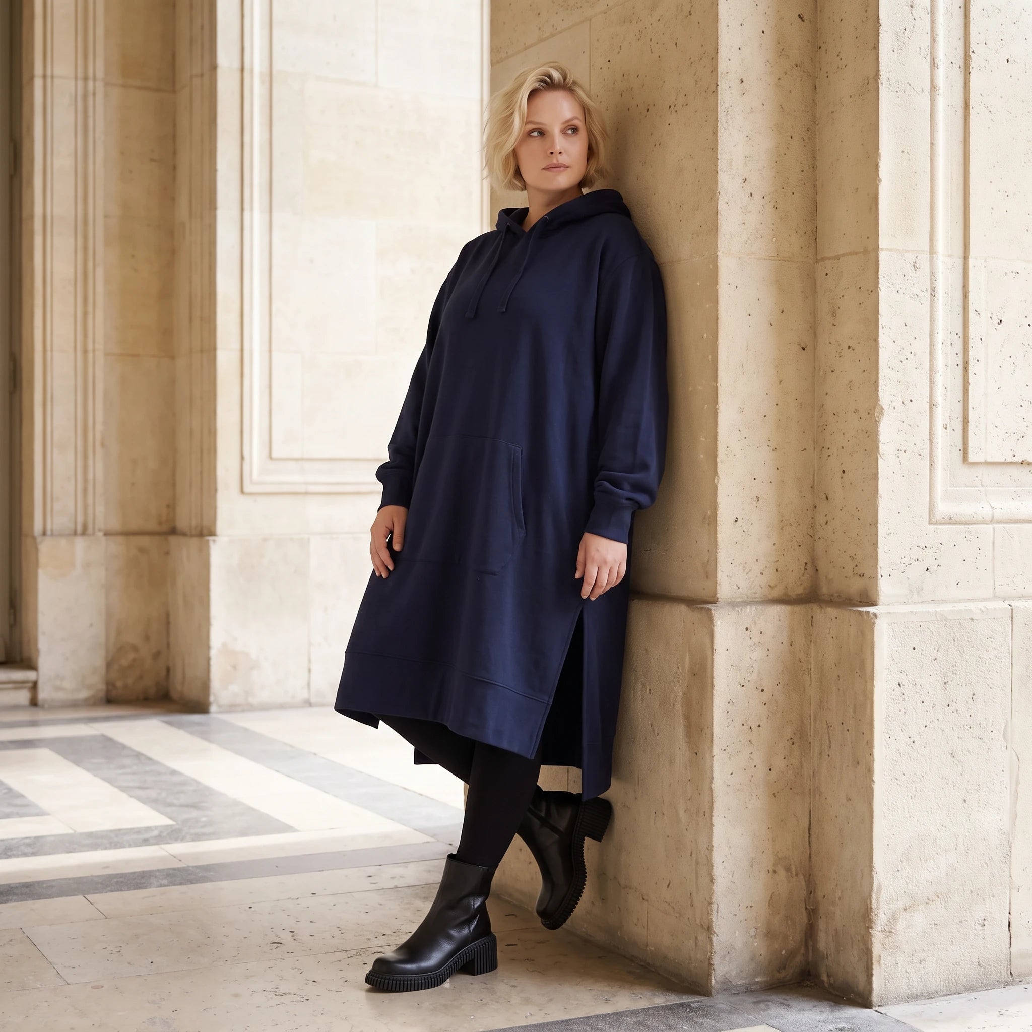 Damen Hoody Lagenlook Baumwolle Dunkelblau, gerader Schnitt, Langarm, Kapuze, Oversize große Größen – Rafay