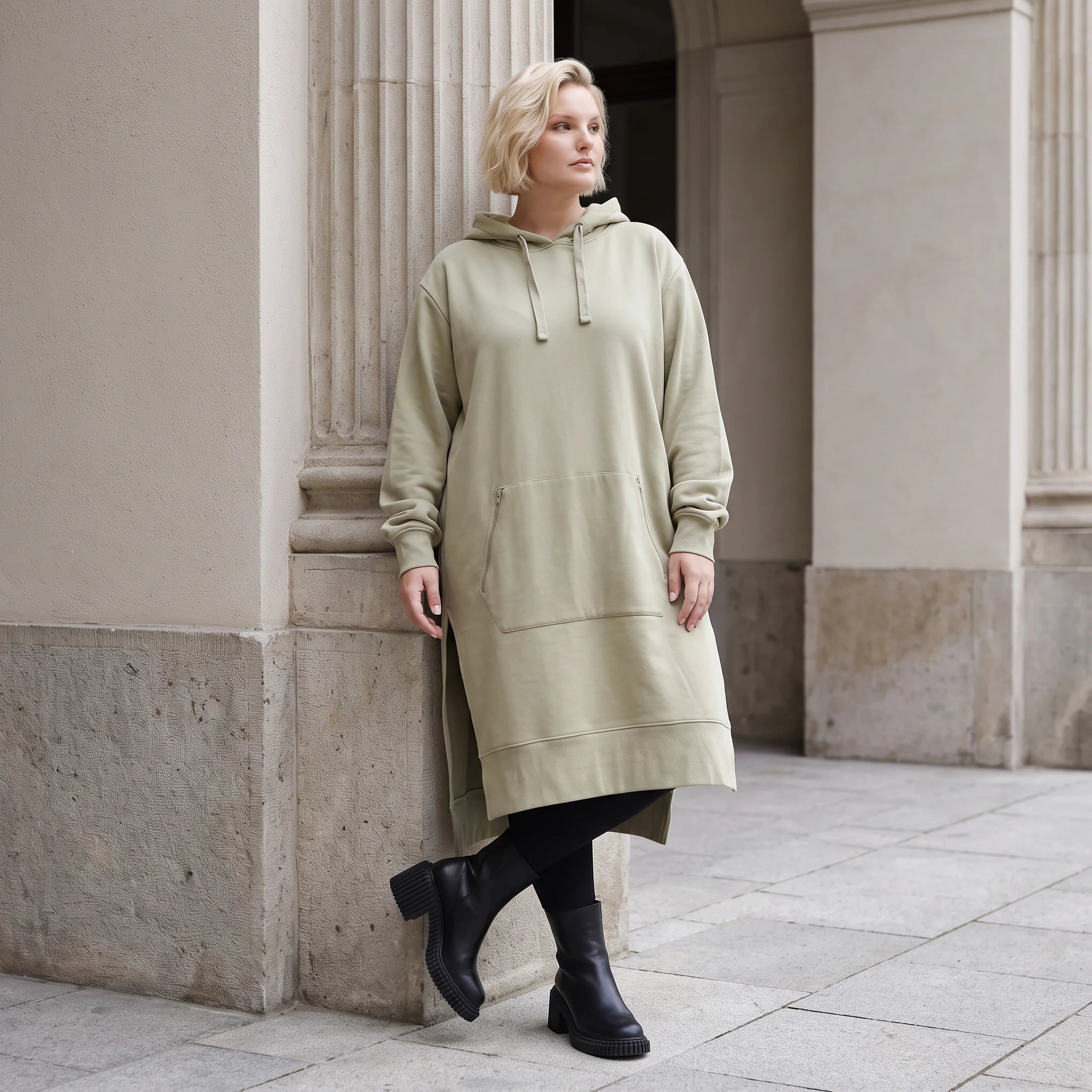 Damen Hoody Lagenlook Baumwolle Beige, gerader Schnitt, Langarm, Kapuze, Oversize große Größen – Rafay