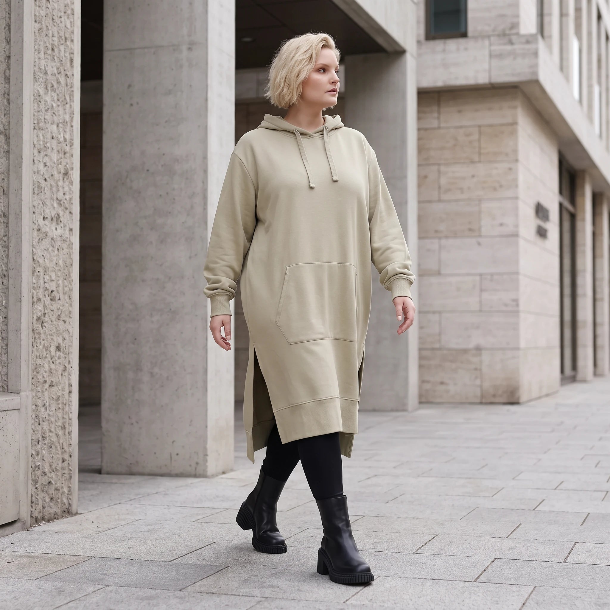 Damen Hoody Lagenlook Baumwolle Beige, gerader Schnitt, Langarm, Kapuze, Oversize große Größen – Rafay