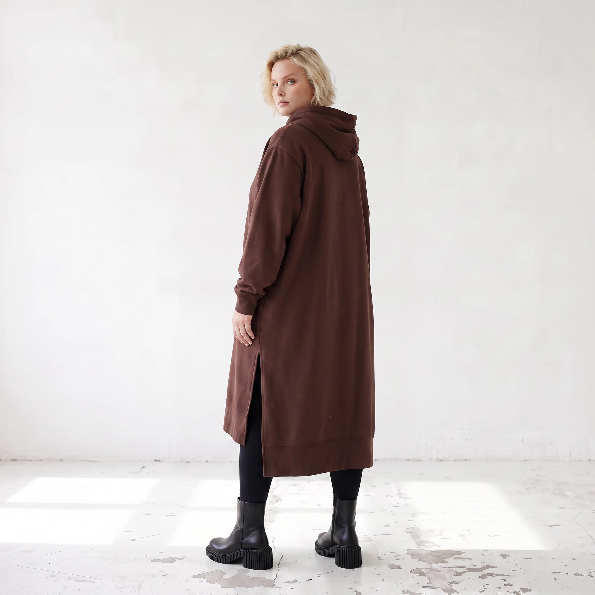 Damen Hoody Lagenlook Baumwolle Schokobraun, gerader Schnitt, Langarm, Kapuze, Oversize große Größen – Rafay