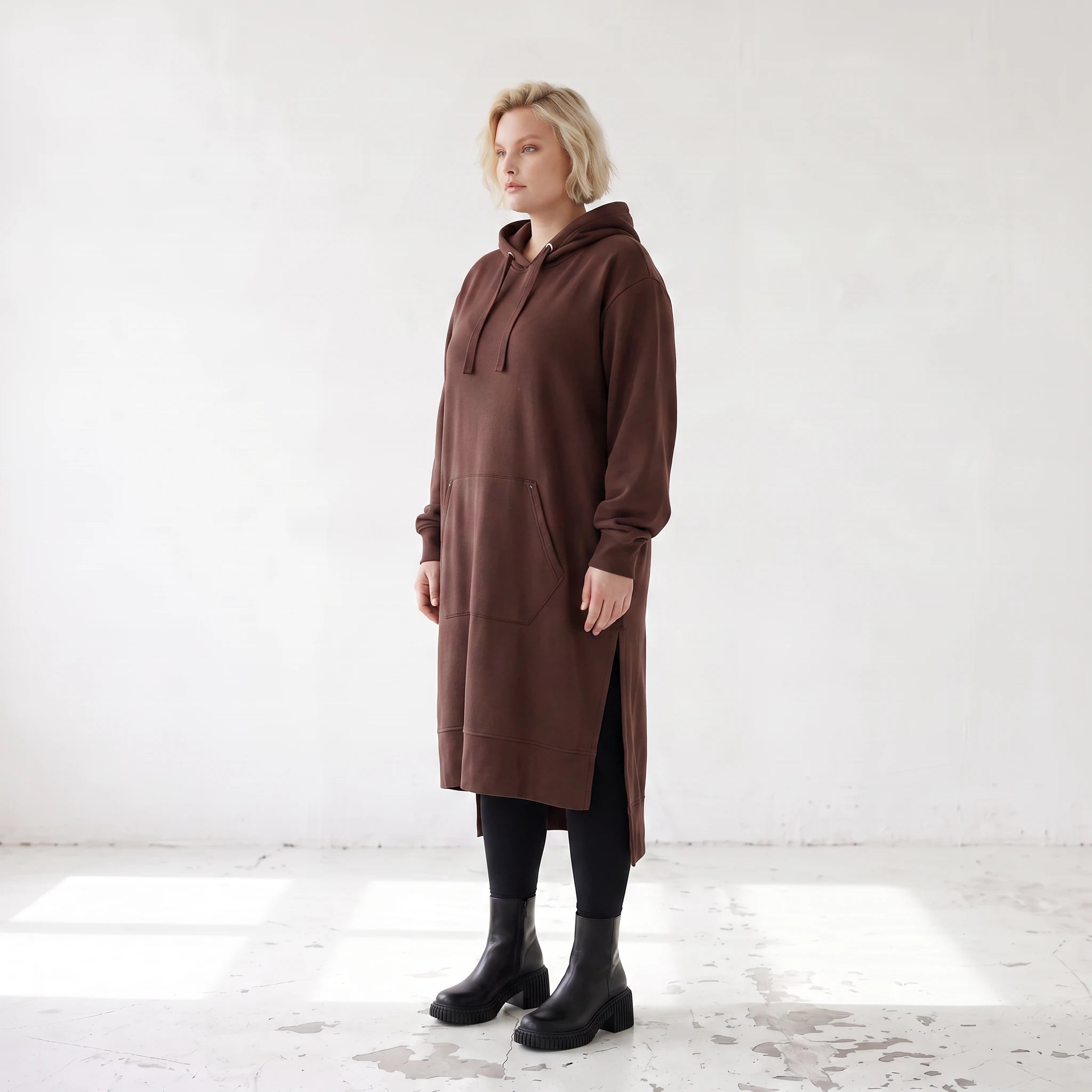Damen Hoody Lagenlook Baumwolle Schokobraun, gerader Schnitt, Langarm, Kapuze, Oversize große Größen – Rafay