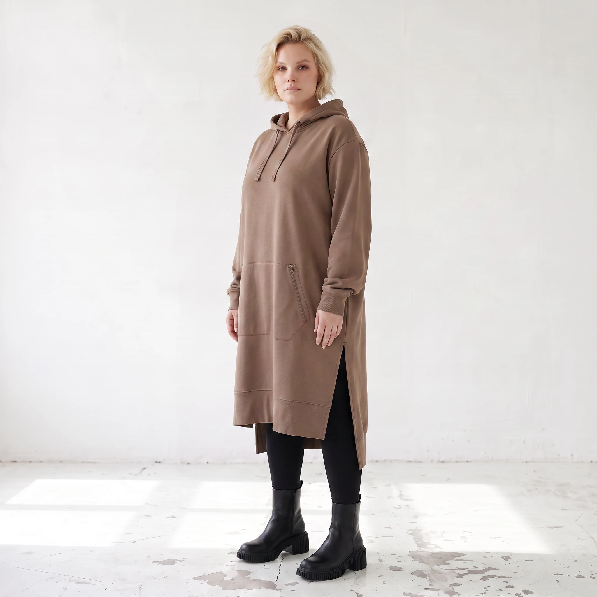 Damen Hoody Lagenlook Baumwolle Braun, gerader Schnitt, Langarm, Kapuze, Oversize große Größen – Rafay