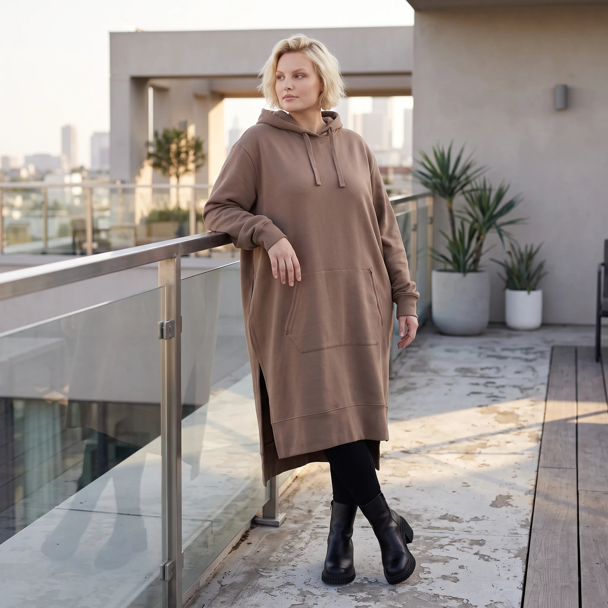 Damen Hoody Lagenlook Baumwolle Braun, gerader Schnitt, Langarm, Kapuze, Oversize große Größen – Rafay