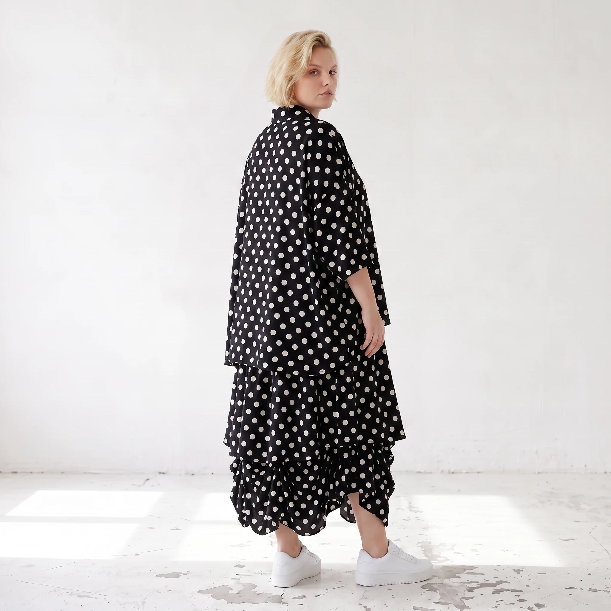 Damen Rock Lagenlook Viskose Schwarz/Weiß, Ballonform, Punkte, Oversize große Größen – AKH Premium