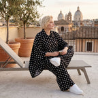 Damen Bluse Lagenlook Viskose Schwarz/Weiß, Punkte, Kurzarm, Knopfleiste, Oversize große Größen – AKH Premium