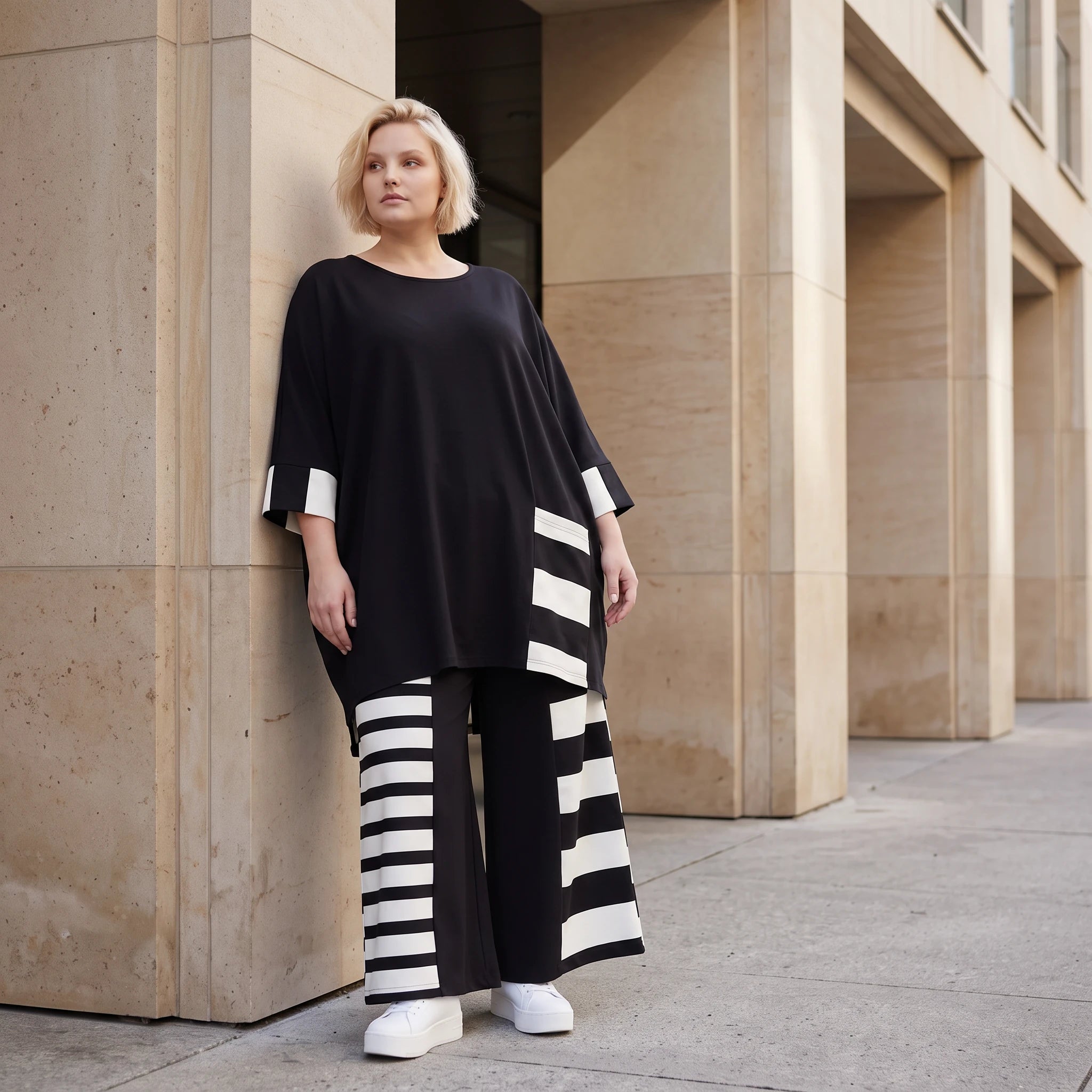 Damen Hose Lagenlook Rayon Schwarz/Weiß, Oversize große Größen – AKH Premium