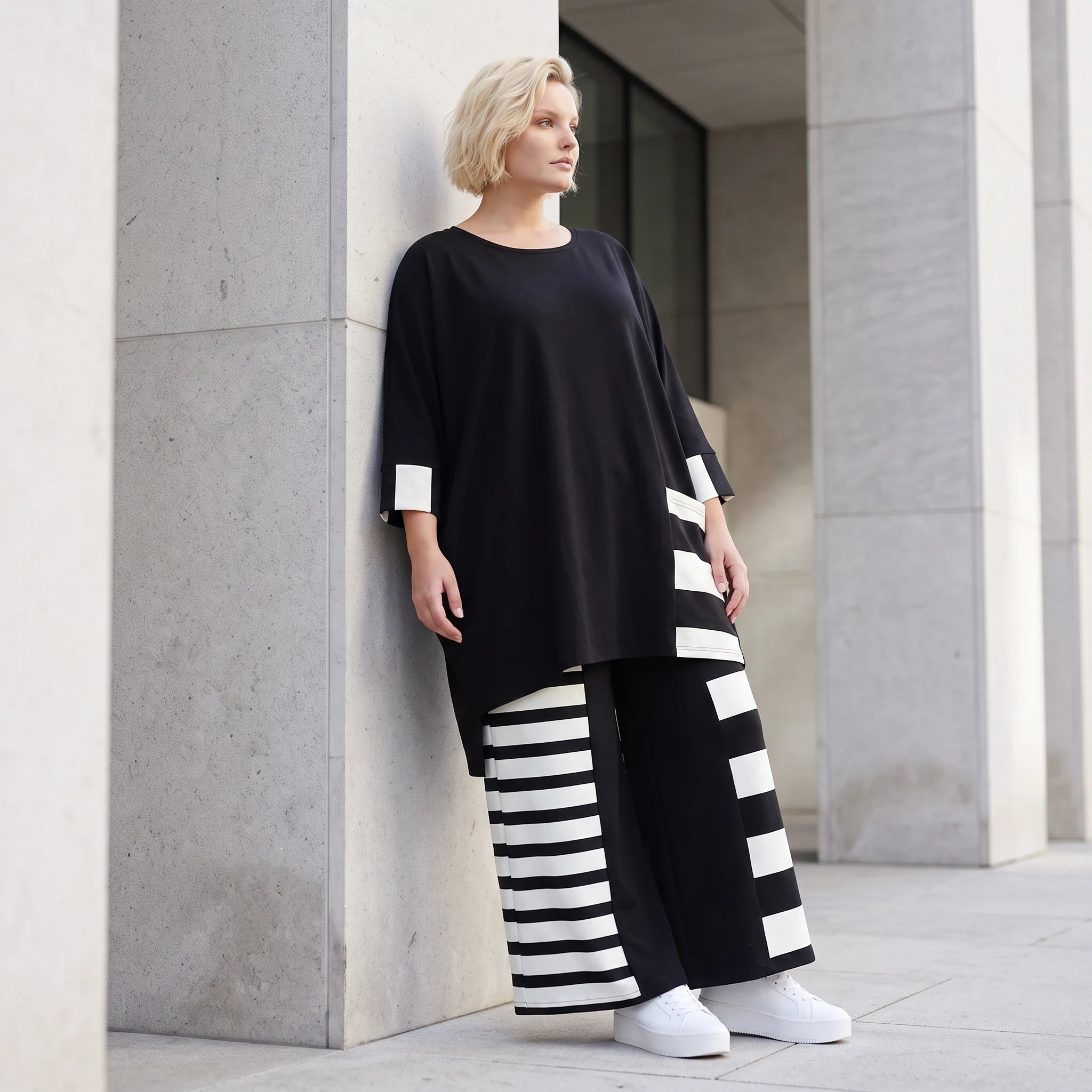 Damen Shirt Lagenlook Rayon Schwarz/Weiß, Vokuhila, Oversize große Größen – AKH Premium