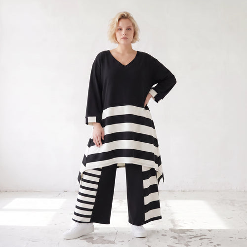 Damen Shirt Lagenlook Rayon Schwarz/Weiß, A-Linie, Oversize große Größen – AKH Premium