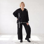 Damen Hose Lagenlook Baumwolle Schwarz, gerader Schnitt, Oversize große Größen – AKH Premium