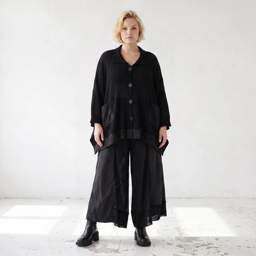 Damen Jacke Lagenlook Baumwolle Schwarz, A-Linie, Knopfleiste, Oversize große Größen – AKH Premium