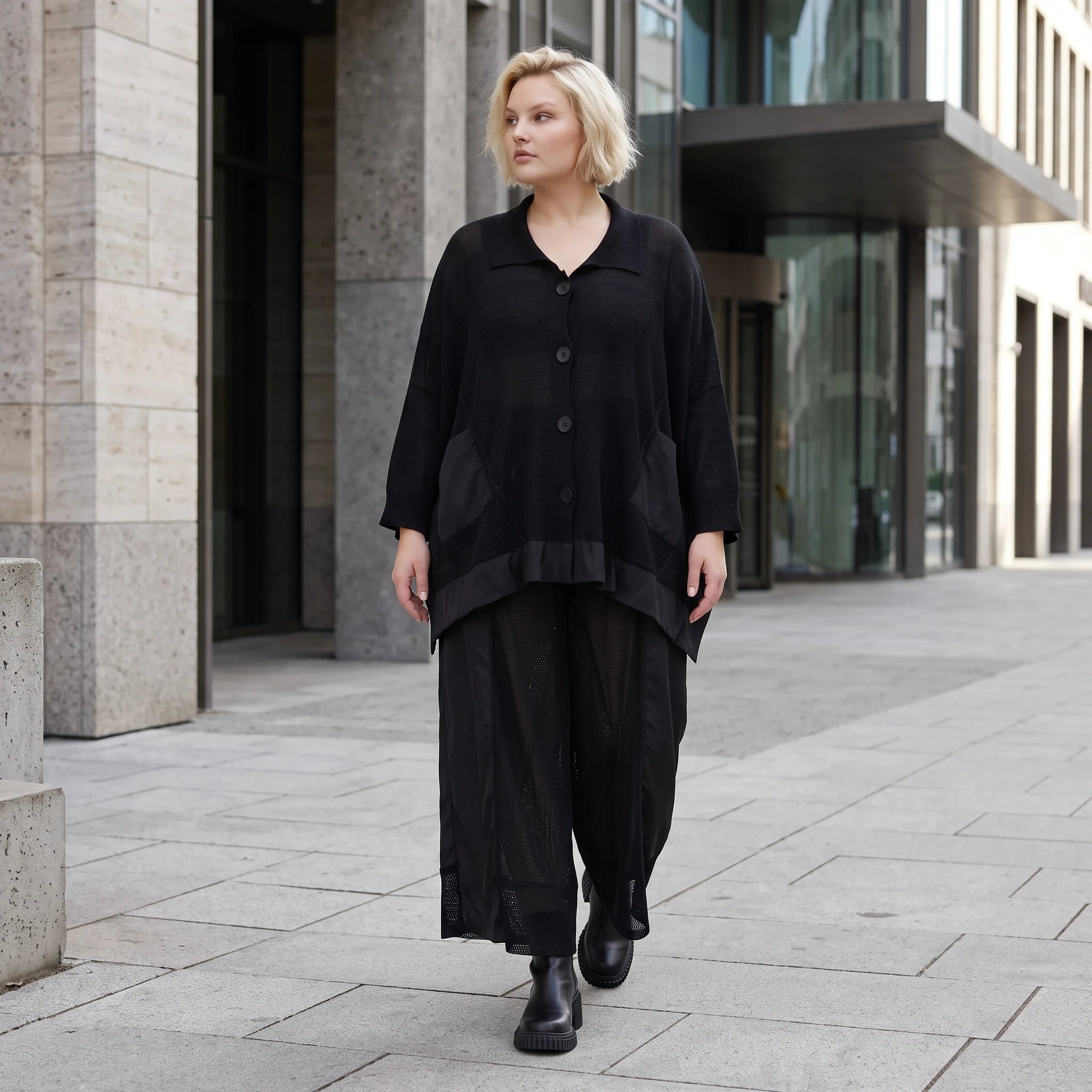 Damen Jacke Lagenlook Baumwolle Schwarz, A-Linie, Knopfleiste, Oversize große Größen – AKH Premium