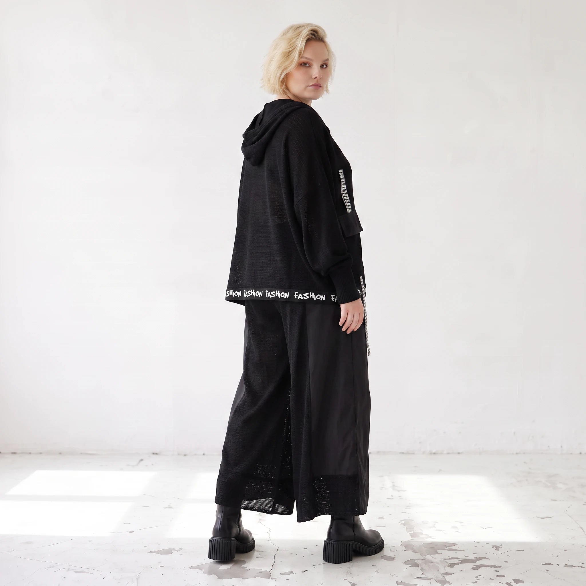 Damen Jacke Lagenlook Baumwolle Schwarz, Kapuze, Oversize große Größen – AKH Premium