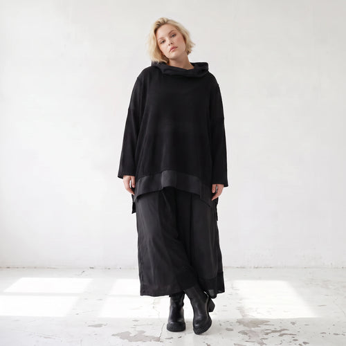 Damen Shirt Lagenlook Baumwolle Schwarz, vorne kurz hinten lang, Langarm, Oversize große Größen – AKH Premium