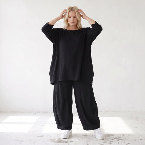 Damen Shirt Lagenlook Lyocell Schwarz, A-Linie, 3/4-Arm, Oversize große Größen – AKH Premium
