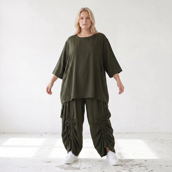 Damen Shirt Lagenlook Lyocell Khaki, A-Linie, 3/4-Arm, Oversize große Größen – AKH Premium