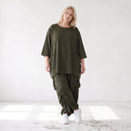 Damen Shirt Lagenlook Lyocell Khaki, A-Linie, 3/4-Arm, Oversize große Größen – AKH Premium