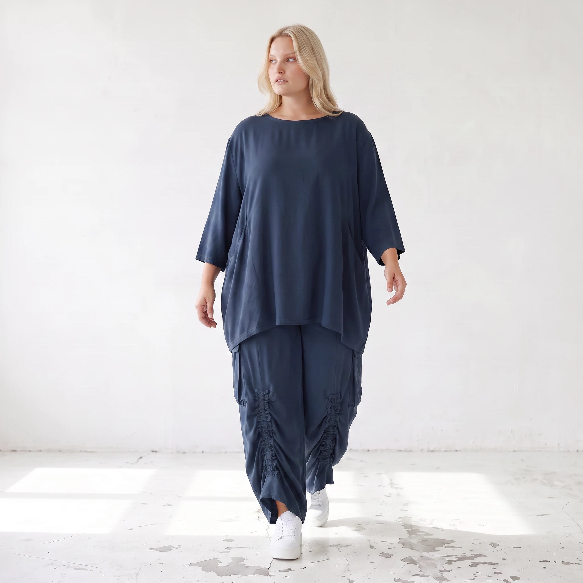 Damen Shirt Lagenlook Lyocell Petrol, A-Linie, 3/4-Arm, Oversize große Größen – AKH Premium